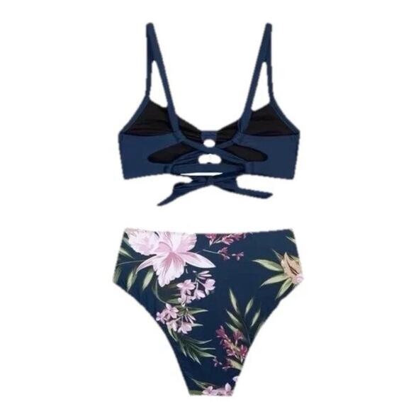 Cupshe Women’s Bikini Set Medium Blue Floral High Waist Two Piece Swimsuit Suit - Picture 8 of 8